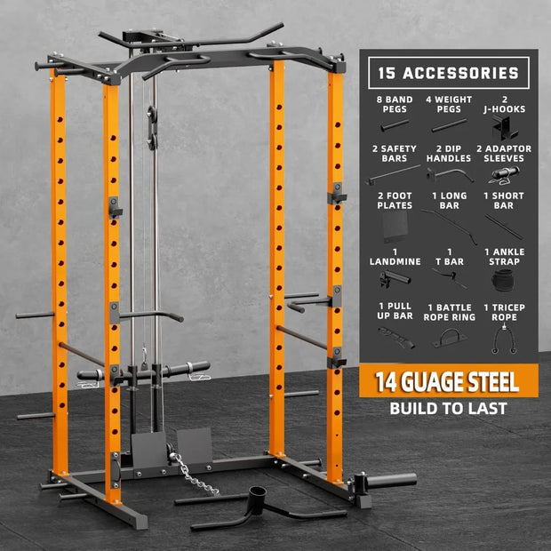 Power Cage with LAT Pulldown Attachment, 1200-Pound Capacity Power Rack Full Home Gym Equipment