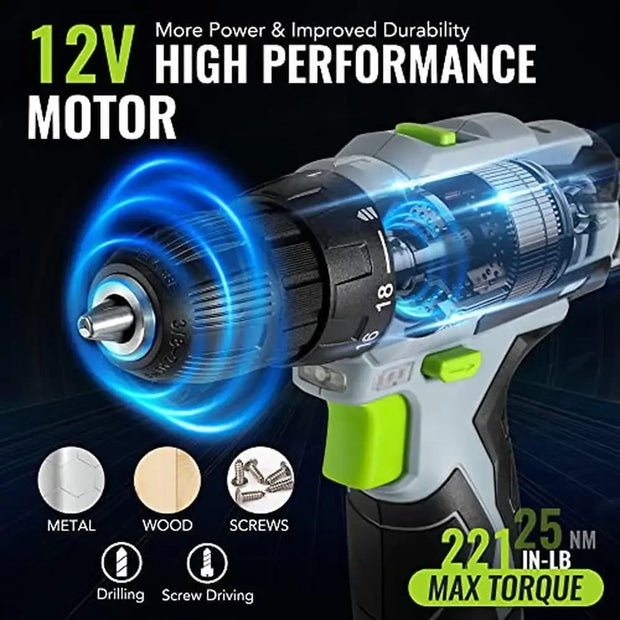 Power Drill Tool Kit 108PCS Set Electric Screwdriver Box Home Combo 12V 1.5Ah Battery CRV Rust Resistant Cordless LED Light Kit