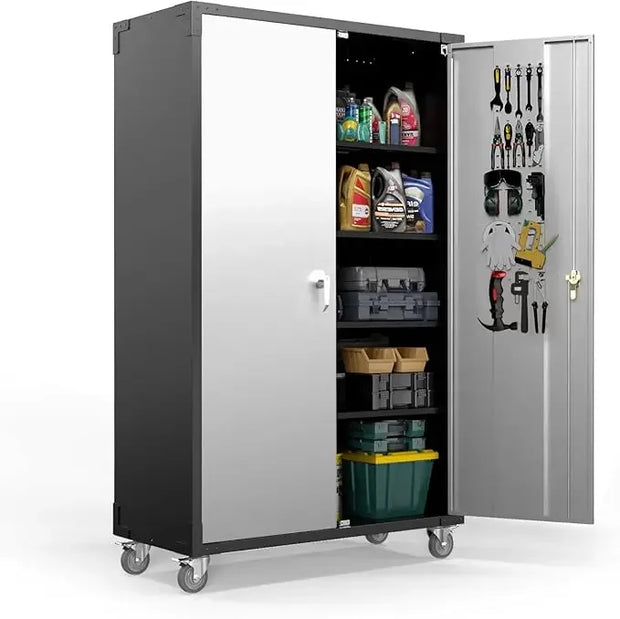 VINGLI Upgraded Wide & Deep Garage Storage Cabinet, Metal Storage Cabinet with Pegboards, Wheels, Locking Doors and Adjustable S