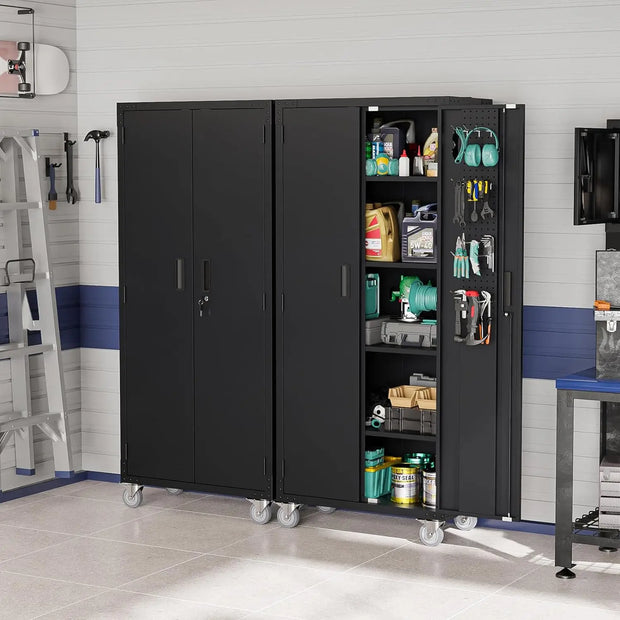 VINGLI Upgraded Wide & Deep Garage Storage Cabinet, Metal Storage Cabinet with Pegboards, Wheels, Locking Doors and Adjustable S