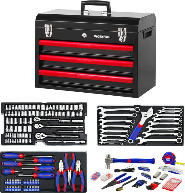 WORKPRO 408-Piece Mechanics Tool Set, General Household Home Repair Tool Kit with 3-Drawer Heavy Duty Metal Box, Hand Tool Kit S