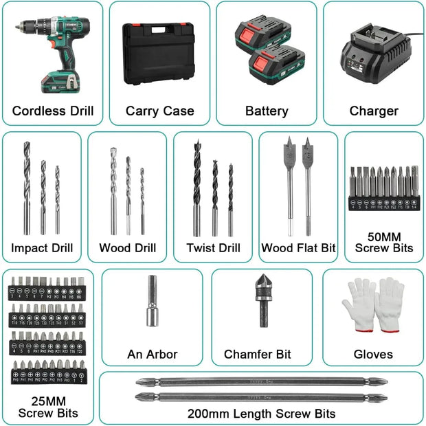 Cordless Hammer Drill Driver Set, Hammer Drill with 2 20V 2.0Ah Li-ion Battery, 1/2" Metal Keyless Chuck 2 Variable Speed