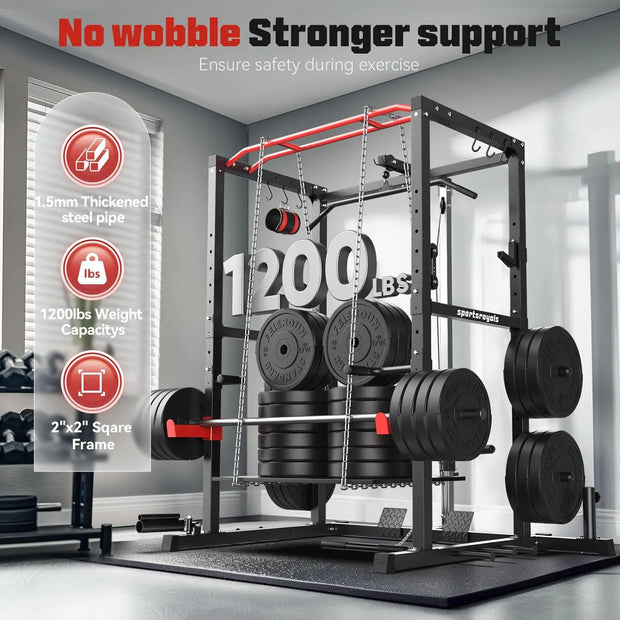 Power Rack, Multi-Functional  Cage with LAT Pulldown Pulley System, Squat More Training Attachments for Home Gym