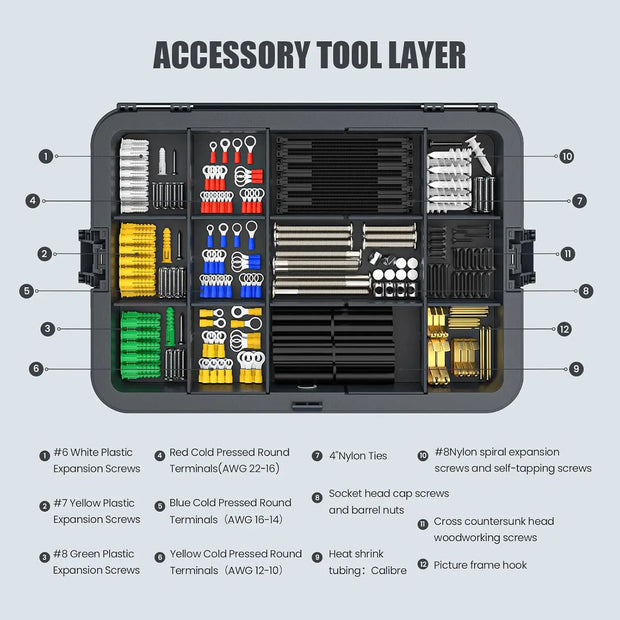 Cordless Drill Tool Set, 60nm Powerful Torque, Smart Display, Expansion Screws, Cold Pressed Round Terminals, Mechanics Tools Ki