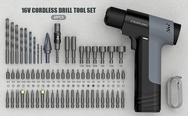 Cordless Drill Tool Set, 60nm Powerful Torque, Smart Display, Expansion Screws, Cold Pressed Round Terminals, Mechanics Tools Ki