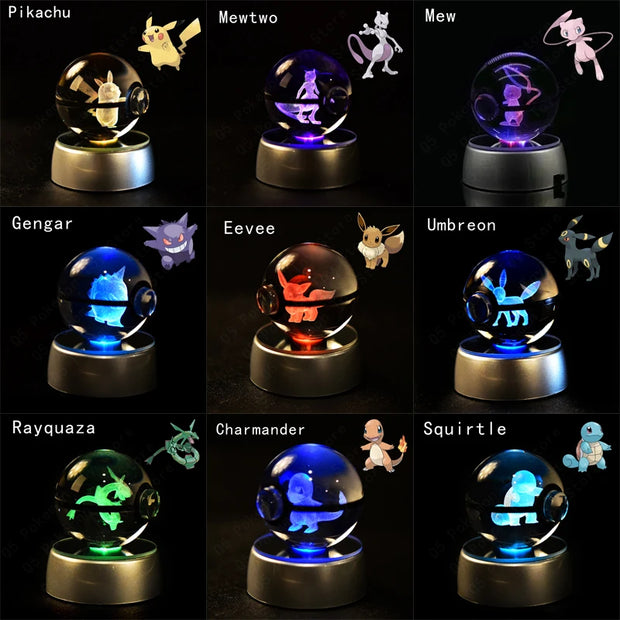 Pokemon 3D Crystal Ball Pikachu Gengar Mew Mewtwo Figurines Lamp Base Pokeball 3D Pokemon Glass Ball Statue Kids Birthday Gift