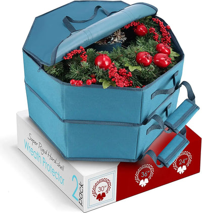 Interior Pockets, Dual Zipper and Handles-Premium Wreath Storage Organizer Box, 30", Blue