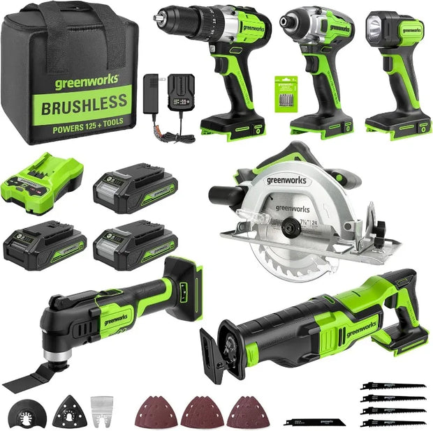 24V 6-pcs Combo Kit 24V Hammer Drill Impact Driver Multi-Tool Flashlight Reciprocating Saw & Circular Saw Includes 2*2.0Ah