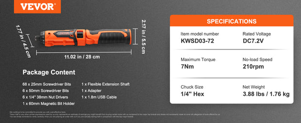 VEVOR Cordless Screwdriver 8V 7Nm Electric Screwdriver Rechargeable Set with 82 Accessory Kit and Charging Cable LED Light